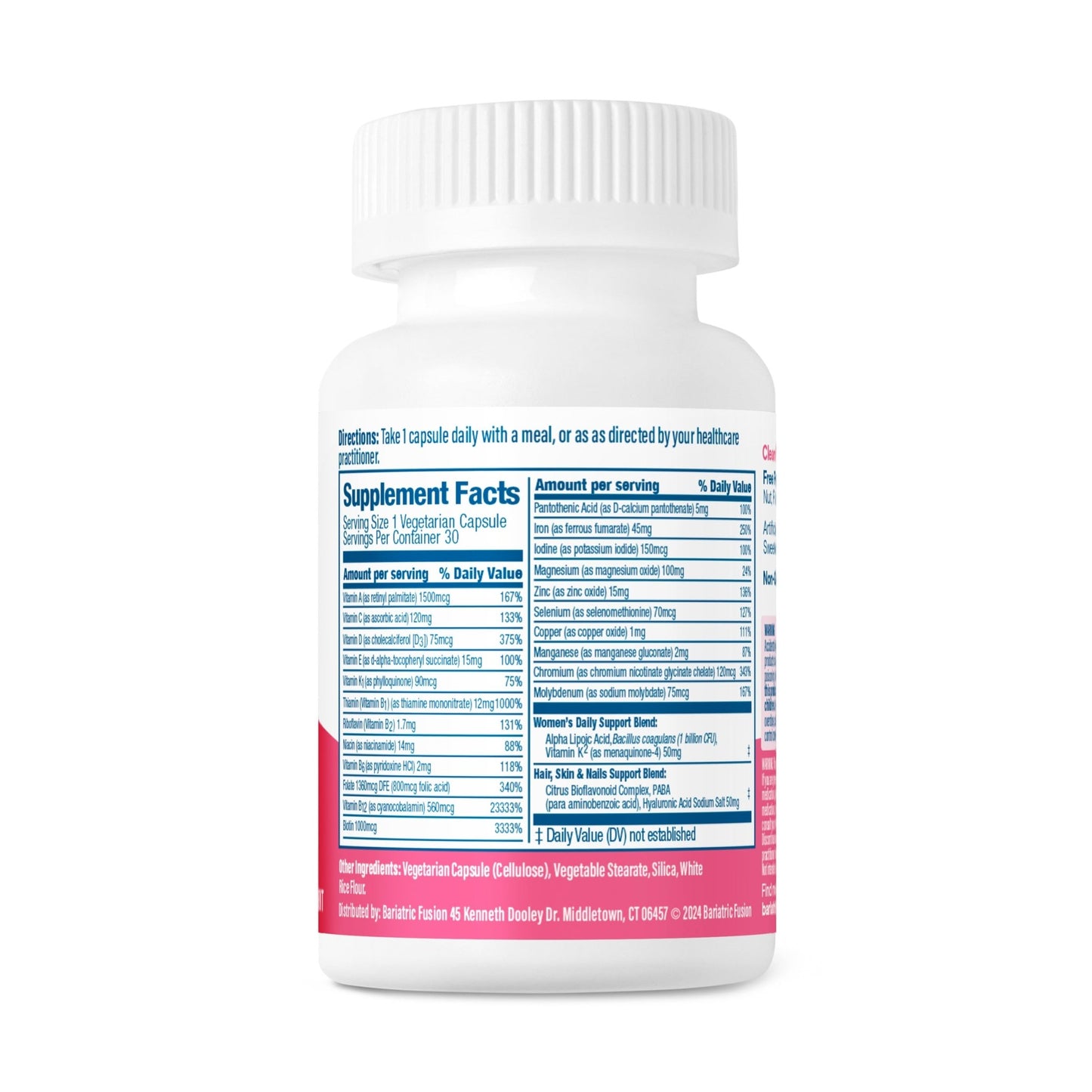 Women’s One Per Day Multivitamin With Iron 30 capsules directions and ingredients.