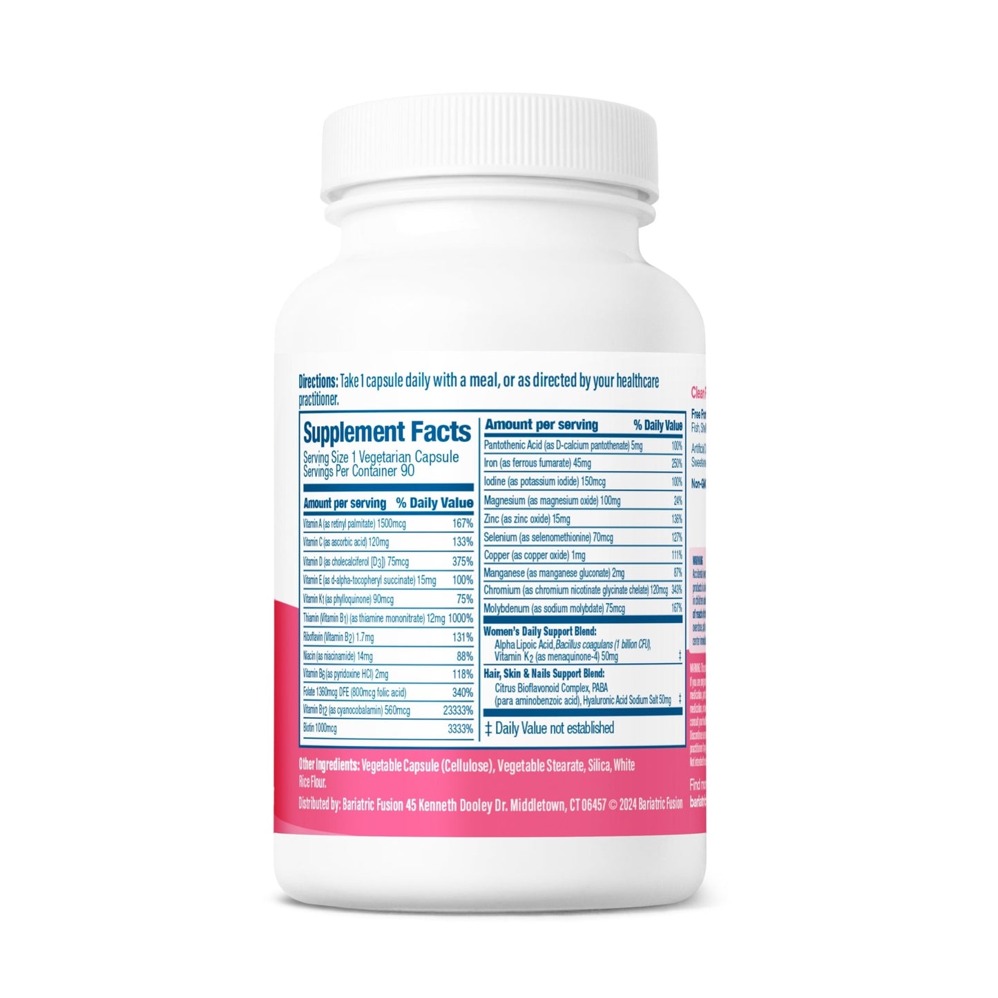 Women’s One Per Day Multivitamin With Iron 90 capsules ingredients and directions.