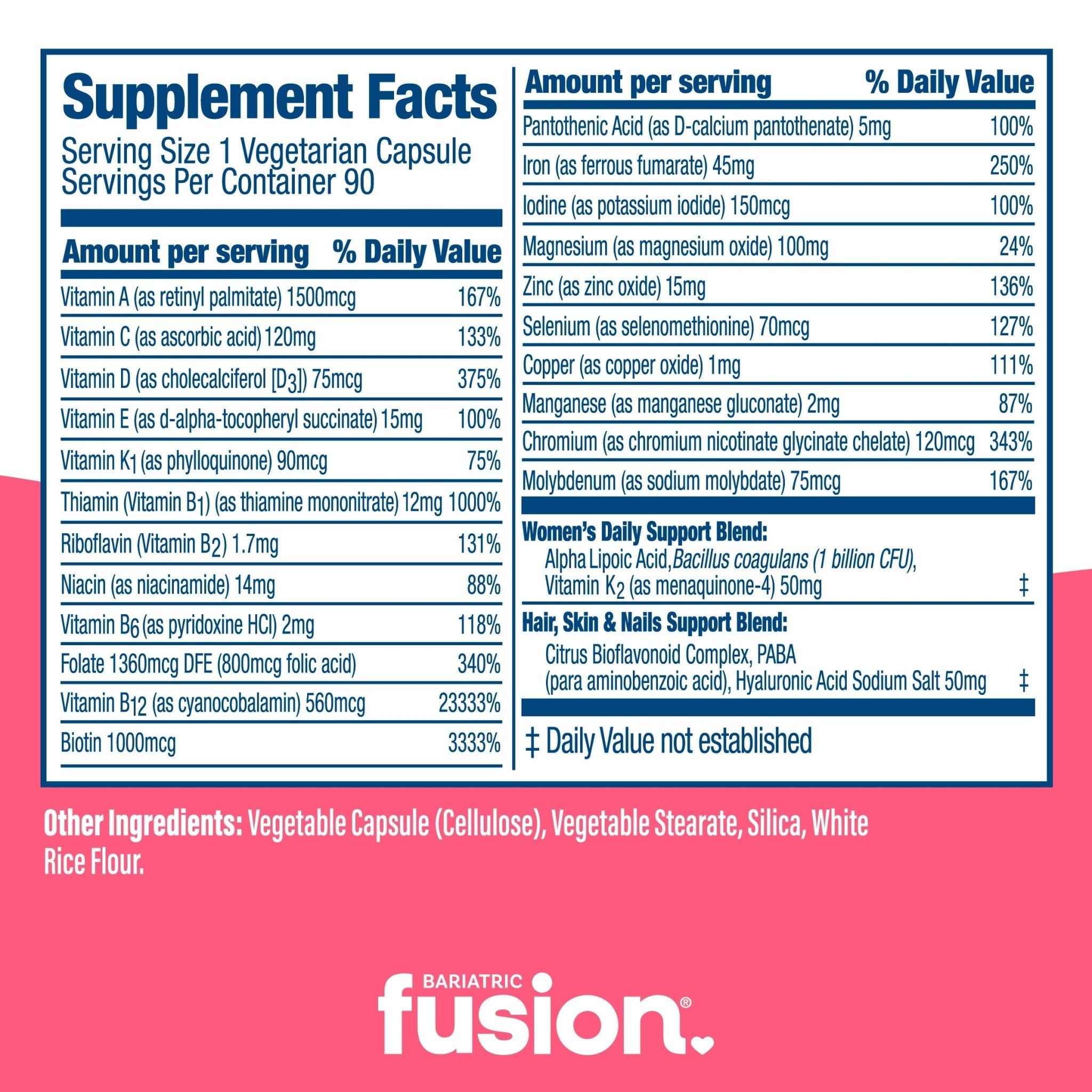 Women’s One Per Day Multivitamin With Iron 90 capsules supplement facts.