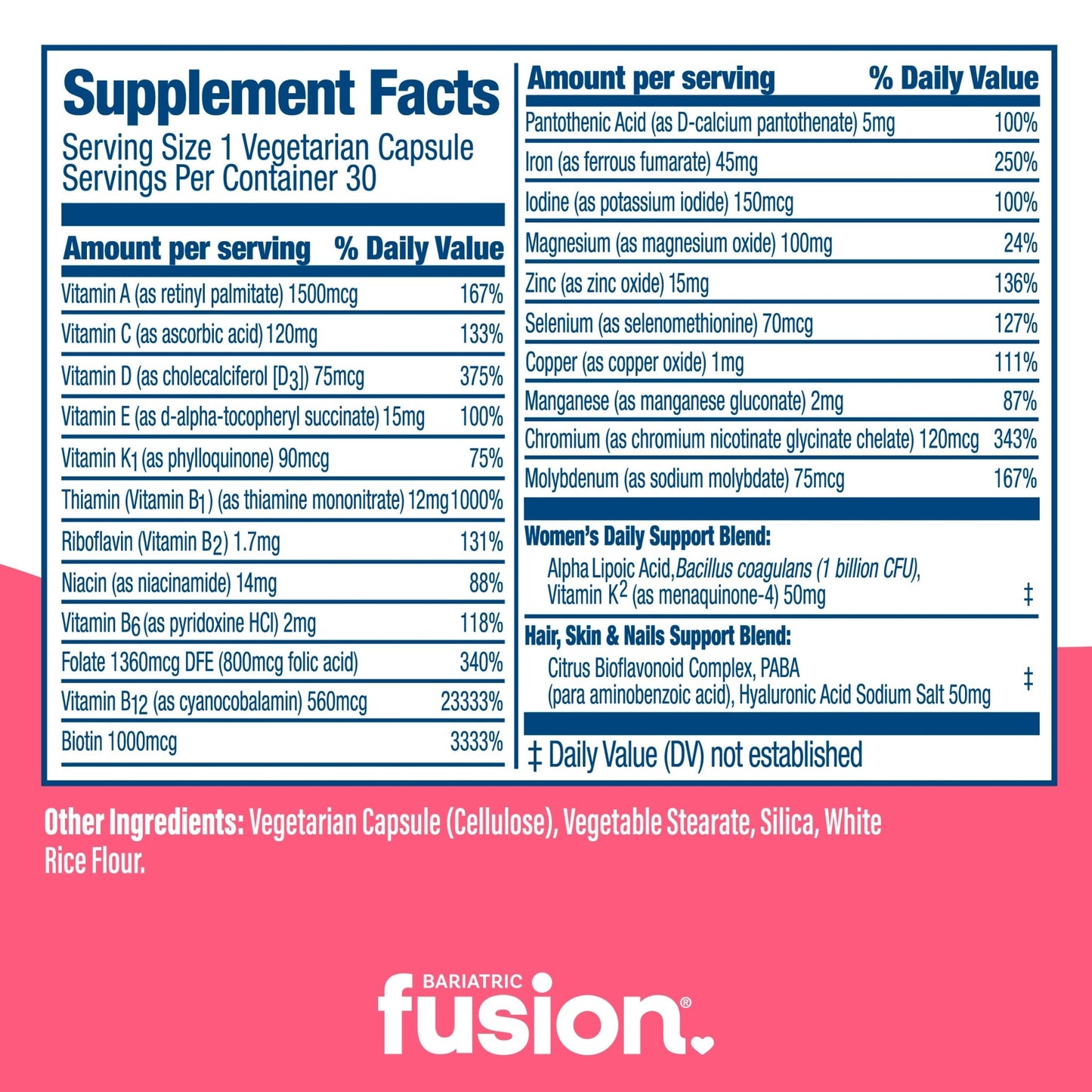 Women’s One Per Day Multivitamin With Iron 30 capsules supplement facts.