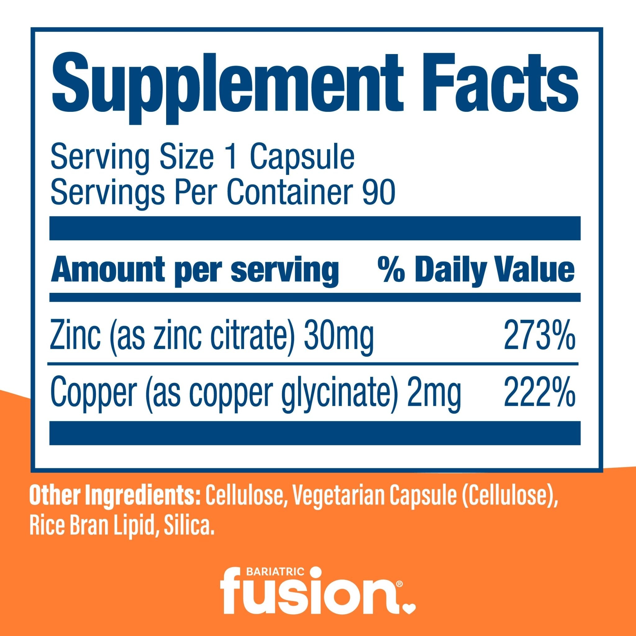 Bariatric Fusion Zinc Plus Copper supplement facts.